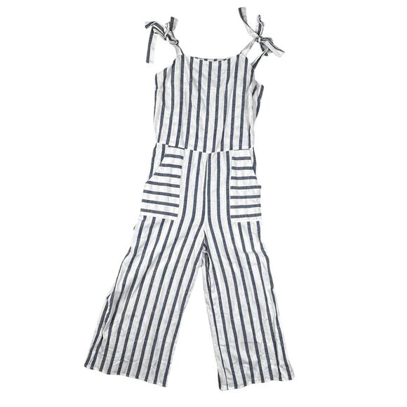 Monteau Los Angeles Cropped Jumpsuit Striped Smocked Linen Cotton Size PM - Picture 2 of 9